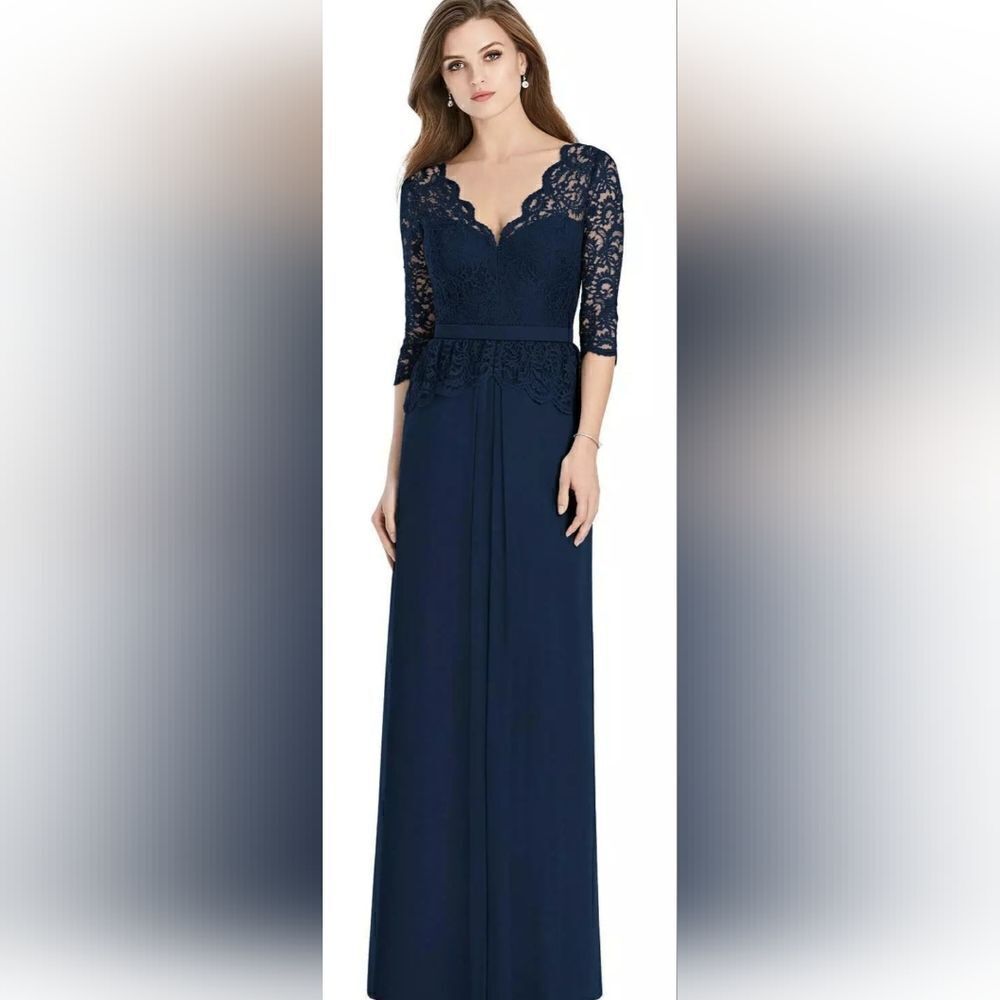 JENNY PACKHAM JP1011 Long Sleeve Illusion-Back Lace Peplum dress sz 14 Blue
